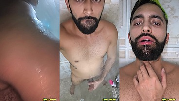 Camilo Brown Jerking His Big Uncut Cock in the Shower and Eating His Own Cum