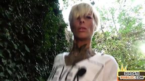 Public MILF gets tattooed &mdash;  rides guy outdoors after blow job
