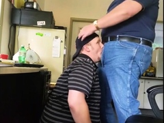Daddy trucker dumps a quick load in Chubby Boy's mouth...