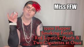 1920s Flapper Smoking Fetish Red Lipstick Pearls Two Cigarettes at Once