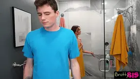 Petite stepsister sucks and swallows stepbro's load in the shower