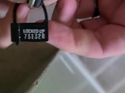 Slaves balls slip out of cage and uses emergency key to fix it