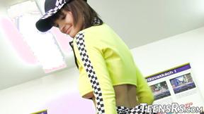 ”Two naughty babes with natural tits use bound dude for sex”