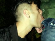 Twink sucks , swallows and jerks off in a car park throught rainy evening