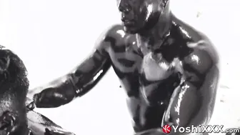 Damian Dragon and Yoshi Kawasaki get covered in black oil during raw bareback fuck