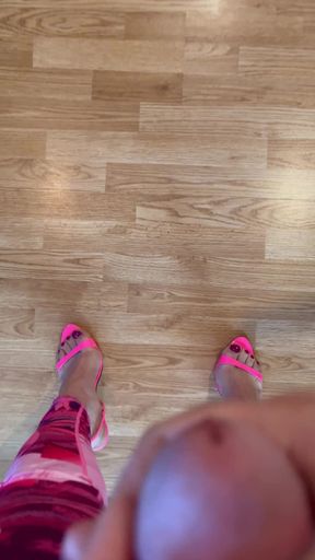 Pink heels painted toes and cum