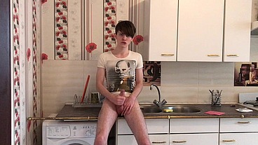 Sexy Teenager Jerking OFF and Cumming HARD in the Kitchen /BIG LOAD /BIG DICK / HOT