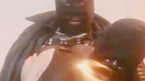 black leather dad dominates white sub in whipping & titplay scenes
