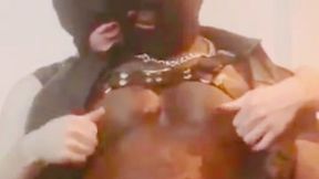 black leather dad dominates white sub in whipping & titplay scenes