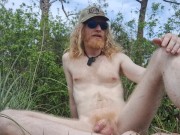 Showing off cock and bare feet on a nude hike in the woods