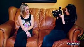 Brunette Olyssia And Blonde Ryann Suck Their Pussies And Share A Big Cock!