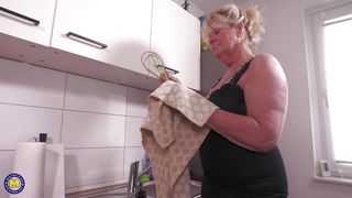 Real mature mom fucks her ass and pussy in the kitchen