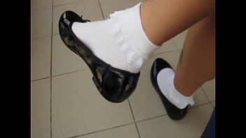 black patent ballet flats and frilly socks, shoeplay on the college campus by Isabelle-Sandrine