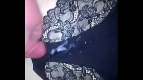 Cumming over wife'_s black lace panties