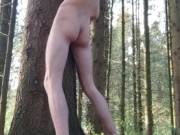 Skinny teen humps the tree outside and shows off his dirty feet