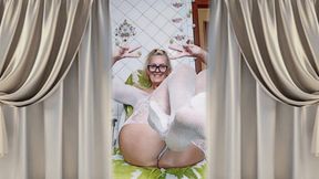 Cheerful Housewife Lukerya Flirts in an Open, Transparent White Jumpsuit in the Kitchen.