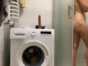 BEAUTY TRAINS HER SWEET PUSSY WITH A DILDO. Masturbating and cumming in the shower