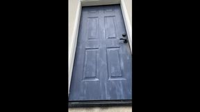 White Boots Red Booty Shorts Outfit Doorway