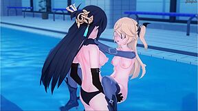 Lesbian Beidou Fucked With A Strap-on Blonde Fischl, Hot Hentai Sex In The Pool