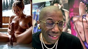 beautiful big breast tight bald pussy transgender girl playing around with her cock in a spa, ai generated