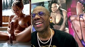 beautiful big breast tight bald pussy transgender girl playing around with her cock in a spa, ai generated