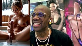 beautiful big breast tight bald pussy transgender girl playing around with her cock in a spa, ai generated