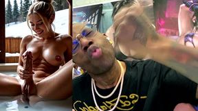 beautiful big breast tight bald pussy transgender girl playing around with her cock in a spa, ai generated