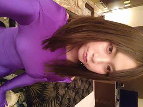 Japanese crossdresses Masturbate wearing purple Morphsuit