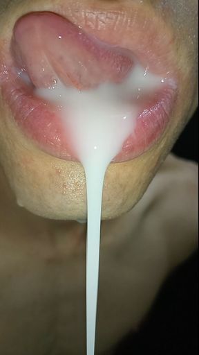 Cum in my mouth, play with your cum, and swallow it, close-up, naughty gay, tongue, sloopy