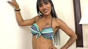 ”Dark skinned big tits Asian ladyboy t-girl enjoys a good assfucking stretching”