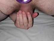 Twink using dildo in fishnets