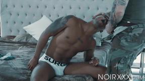 ”Ebony Jacen Zhu receives intense anal fucking from two white muscled guys”