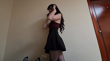 Part 2. full of semen woman in sexy short skirt and evening stockings, she is fucked and receives a lick of vagina and semen in her vagina