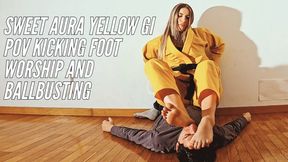 Sweet Aura yellow gi POV kciking foot worship and ballbusting