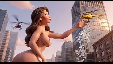 Giantess beauty wades into San Francisco Bay then kneels nude near Golden Gate with helicopters circling (AI generated)