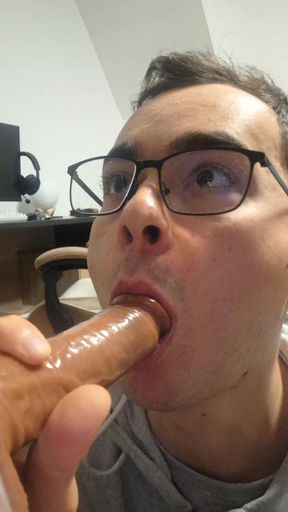 College boy sucks daddy's cock until he cums in his mouth (dildo)
