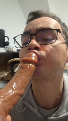 College boy sucks daddy's cock until he cums in his mouth (dildo)
