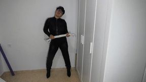Slave cums on leather pants
