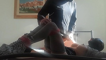15 minutes bdsm fucking and sucking on miniskirt, pantyhose and high heels, with cum on tits