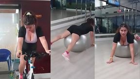 Hot Teen with Big Tits and Perfect Ass in the Gym warming up for Sex in Doggy. Huge Cum on Asshole