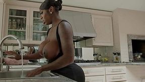 Busty phat ass ebony MILF rides her white stepson's face, then gives him a rimjob and blowjob