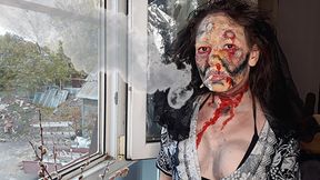 wife smokes cigarette makeup zombie