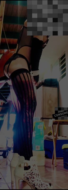 Sexy Transgender Black Stocking Riding Anal Dildo at the Wall