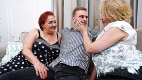 ”Two naughty mature sluts getting screwed by one younger guy”