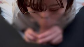 girl with glasses who does testicle licking and cock sucking