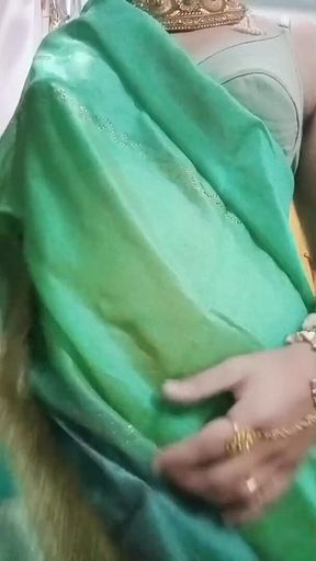 Indian Crossdresser Bottom Gaurisissy Pressing and Playing with Her Big Boobs in Blue Saree Real Homemade Sex