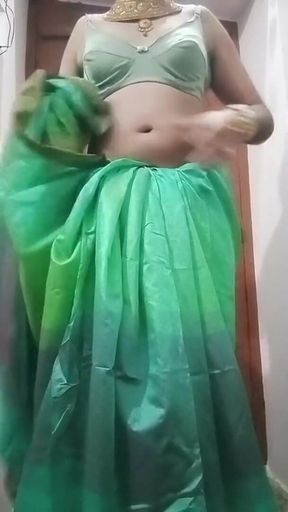Indian Crossdresser Bottom Gaurisissy Pressing and Playing with Her Big Boobs in Blue Saree Real Homemade Sex