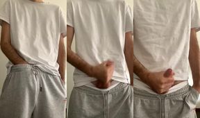 Skinny twink jerks his thick dick in white briefs under gray sweatpants