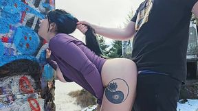 Tattooed goth beauty rides tool and takes spit roast in homemade public session