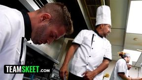 Waitress Services the Kitchen Crew with Her Tits, Pussy, and Ass